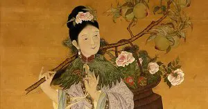 Oud schilderij van een Chinees die een CBD plant vasthoudt