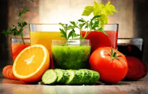 jus et fruits et légumes sur une table en bois