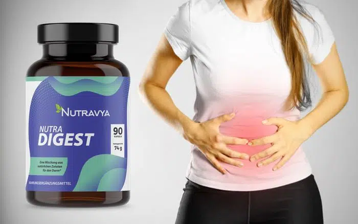 photo d'un pot de Nutra Digest et d'une femme souffrant de troubles intestinaux