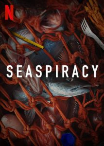 Poster van Seaspiracy waarin vissen gevangen zijn in een visnet
