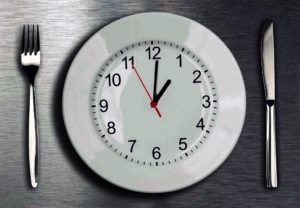 Intermitterend vasten afgebeeld met een klok op het eetbord